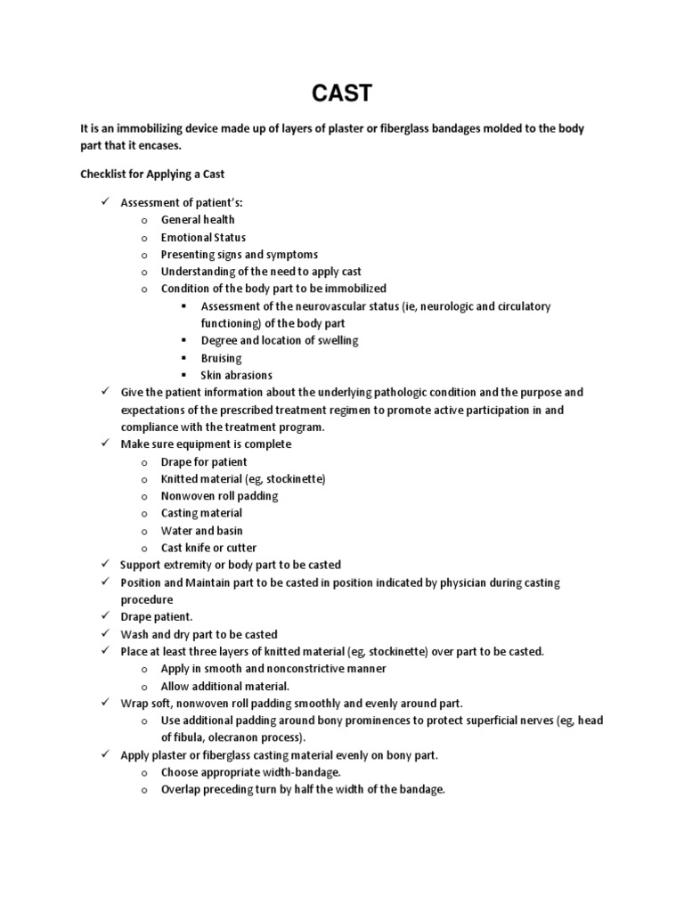 Cast Application Procedure Checklist | PDF | Home & Garden | Wellness
