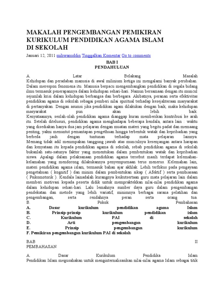 Makalah Pengembangan Pemikiran Kurikulum Pendidikan Agama Islan Di