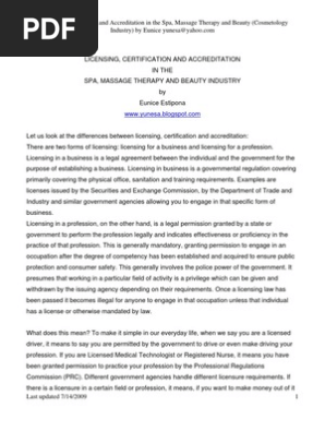 Licensing, Certification and Accreditation in the Spa, Massage Therapy and Beauty Industry PDF