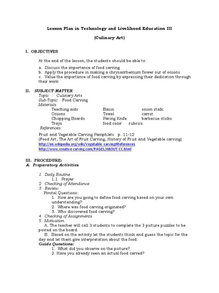 Lesson Plan in Technology and Livelihood Education III (Culinary Art)