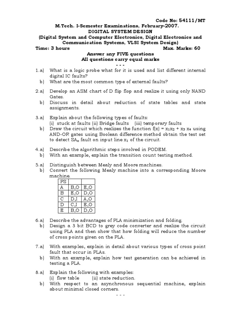 M.Tech Digital System Design Exam Questions | PDF