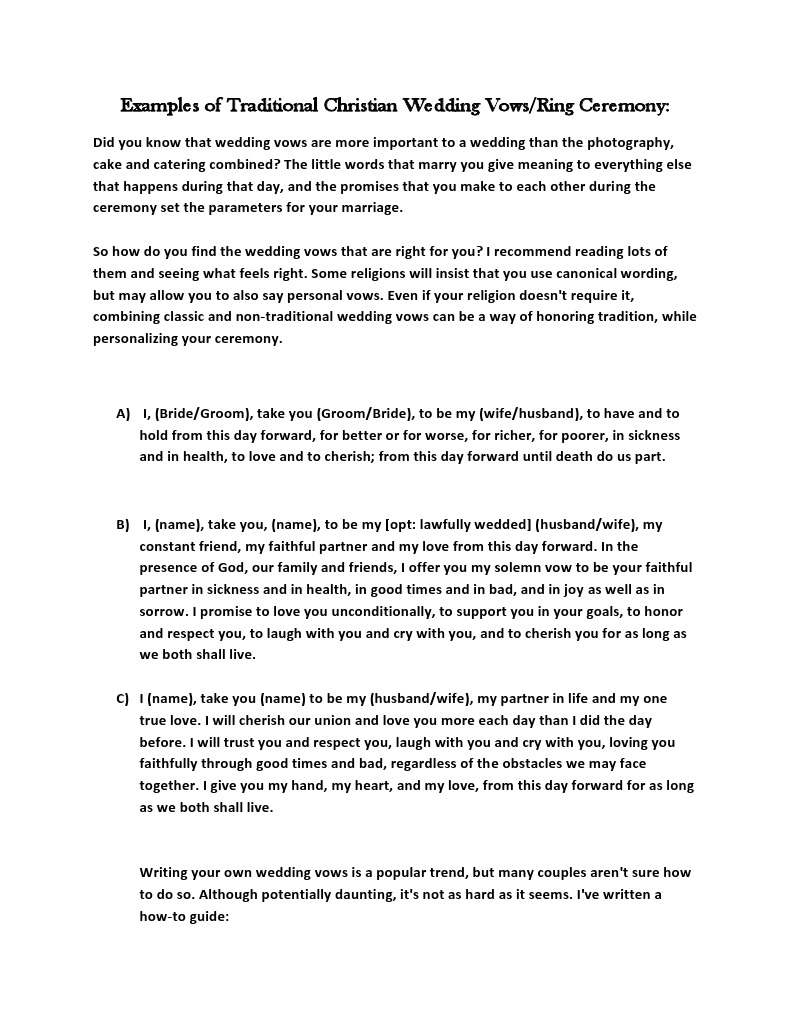 Examples of Traditional Christian Wedding Vows and Ring Ceremony PDF