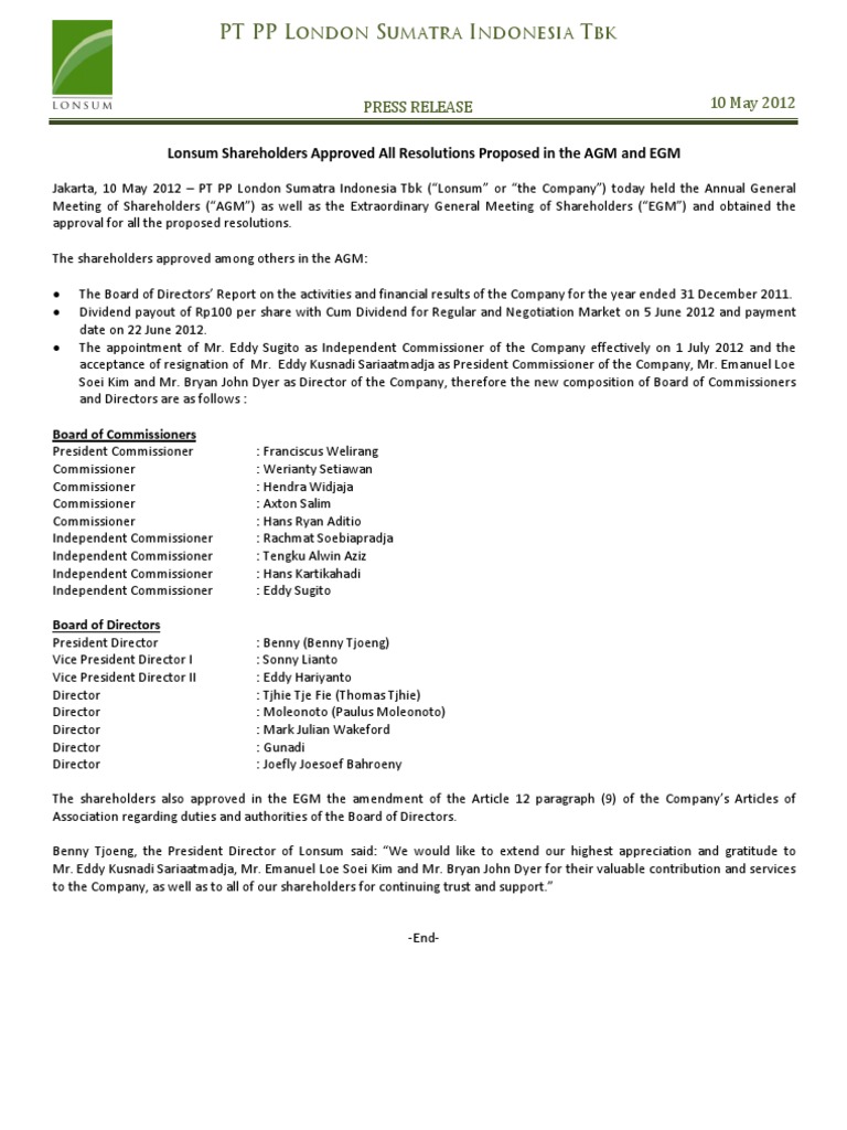 Lonsum AGM and EGM Resolutions Approved | PDF | Business