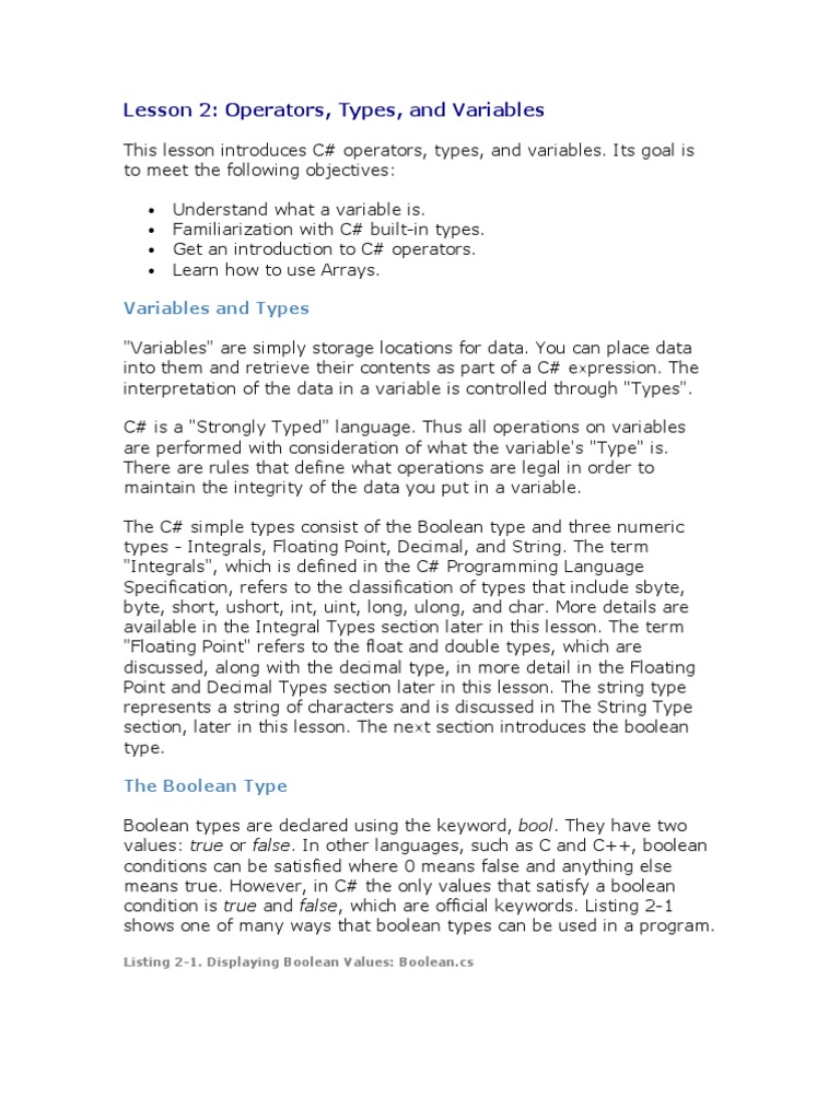 Lesson 2: Operators, Types, and Variables | PDF | Data Type | Array ...