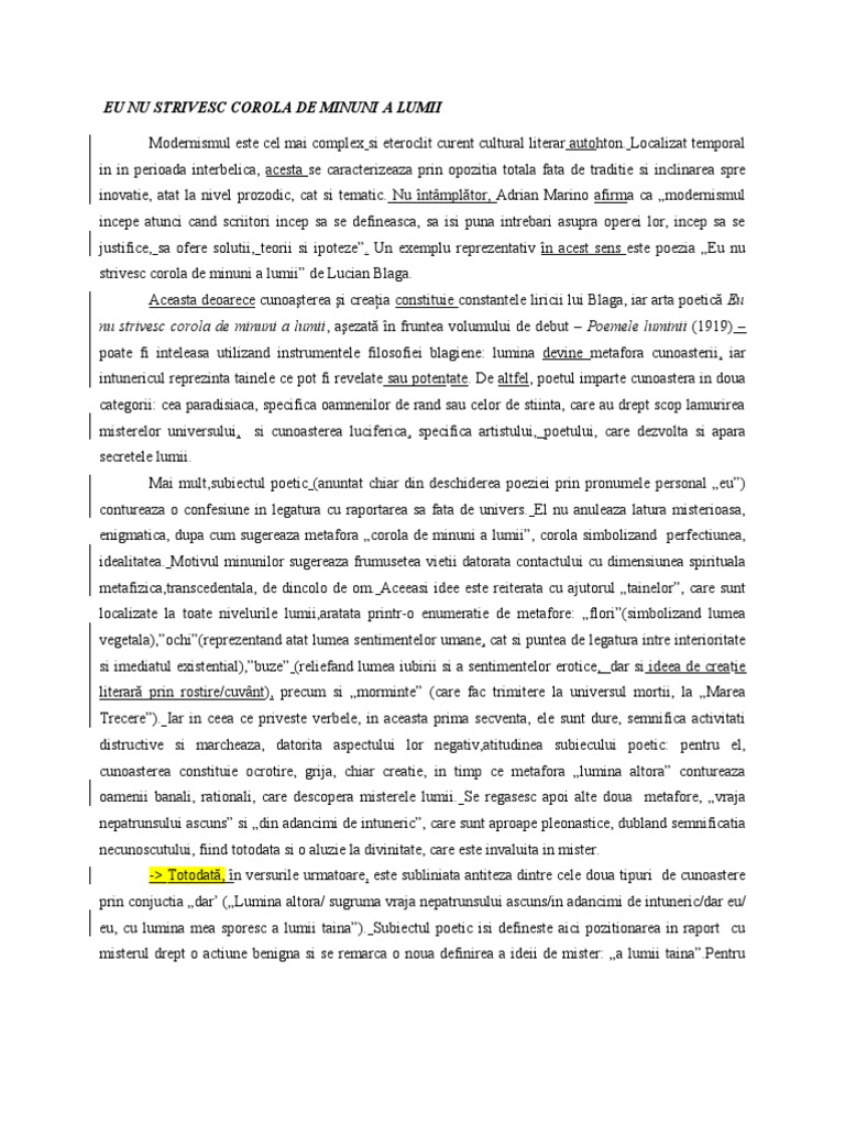 Eu nu strivesc corola de minuni a lumii - eseu