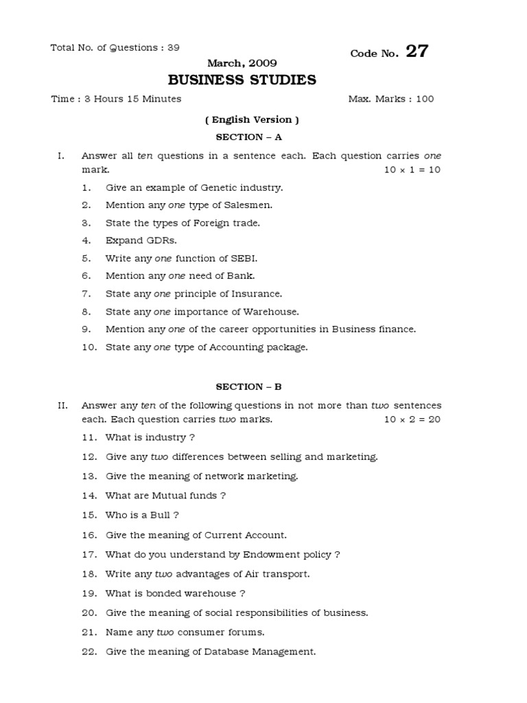 Karnataka Second PUC Business Studies Question Paper Insurance Trade