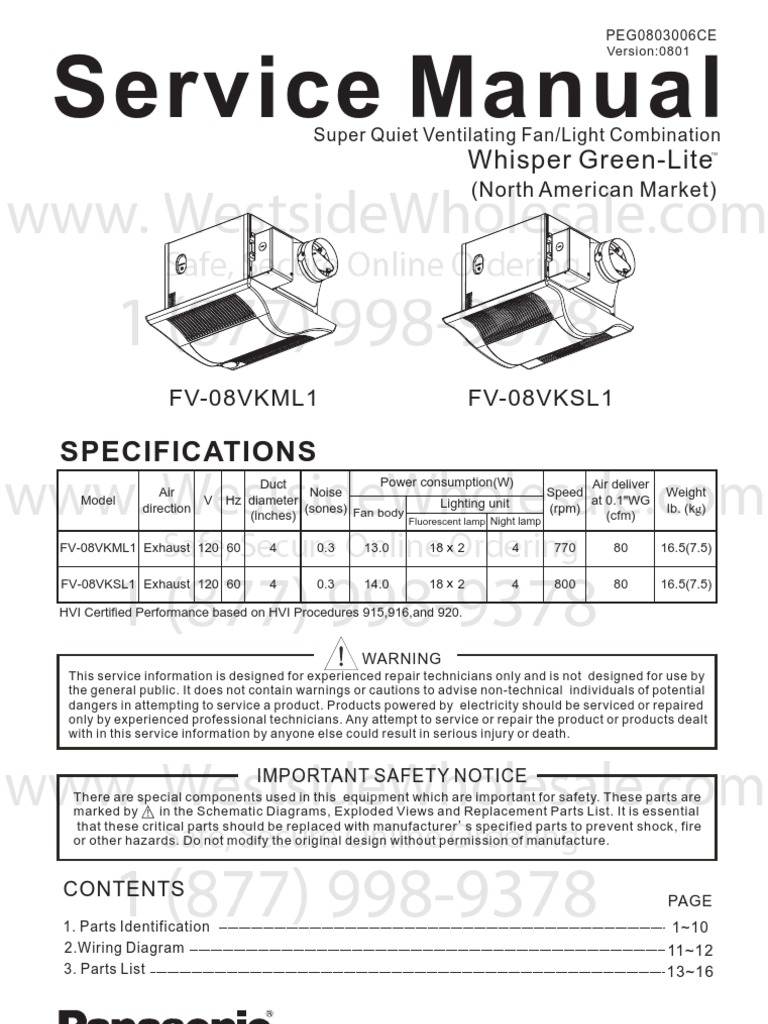 Panasonic - FV-08VKM_SL1.Manual Spec Sheet- Westside Wholesale - Call 1