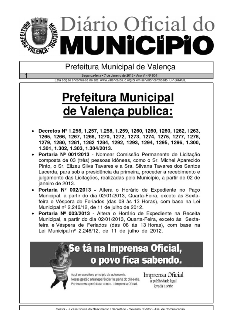 Diario Oficial Do Municipio de Valenca Bahia Edicao 604 | PDF ...