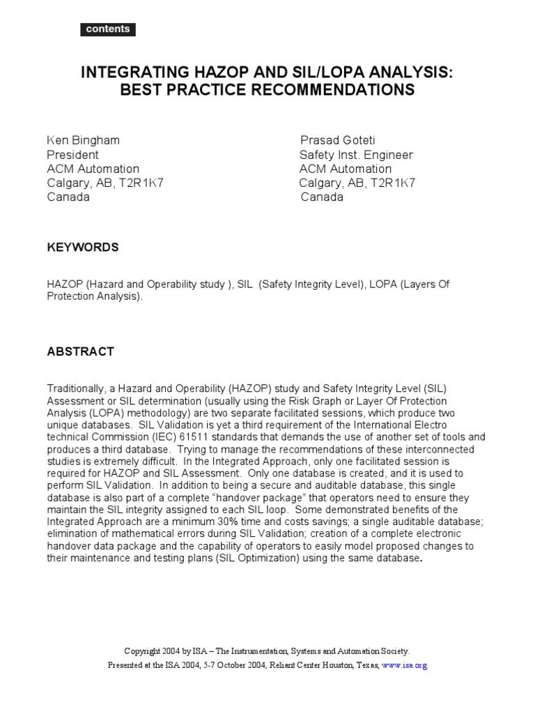 Integrating Hazop and Sil/Lopa Analysis Best Practice