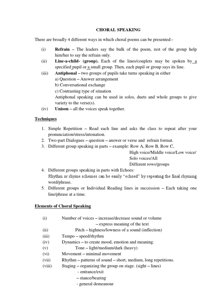CHORAL SPEAKING RULES Rhythm Song Structure