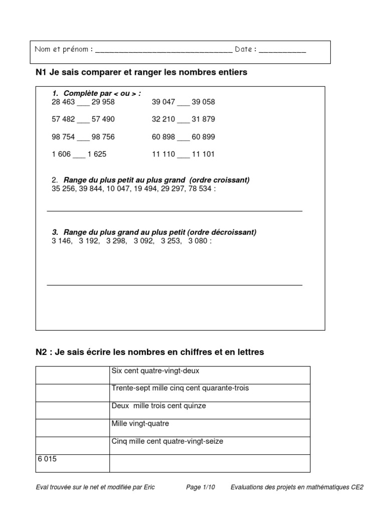 Evaluation de Maths CE2 | PDF | Enseignement des mathématiques ...