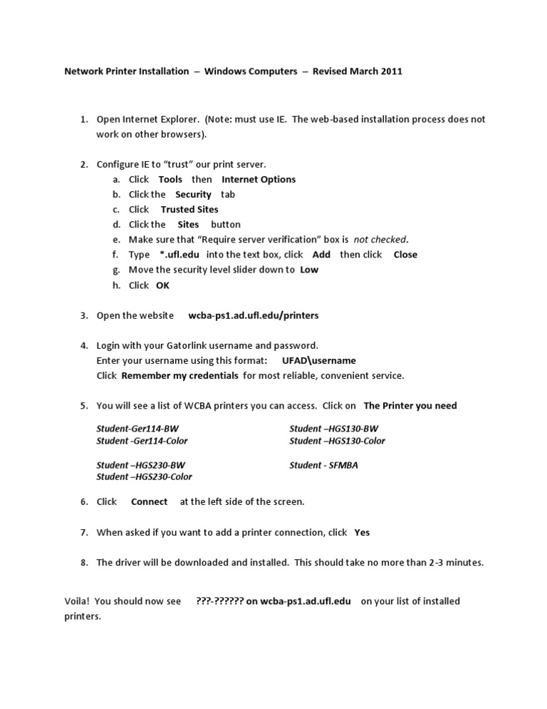 Network Printer Installation - Windows Computers - Revised March 2011 | PDF