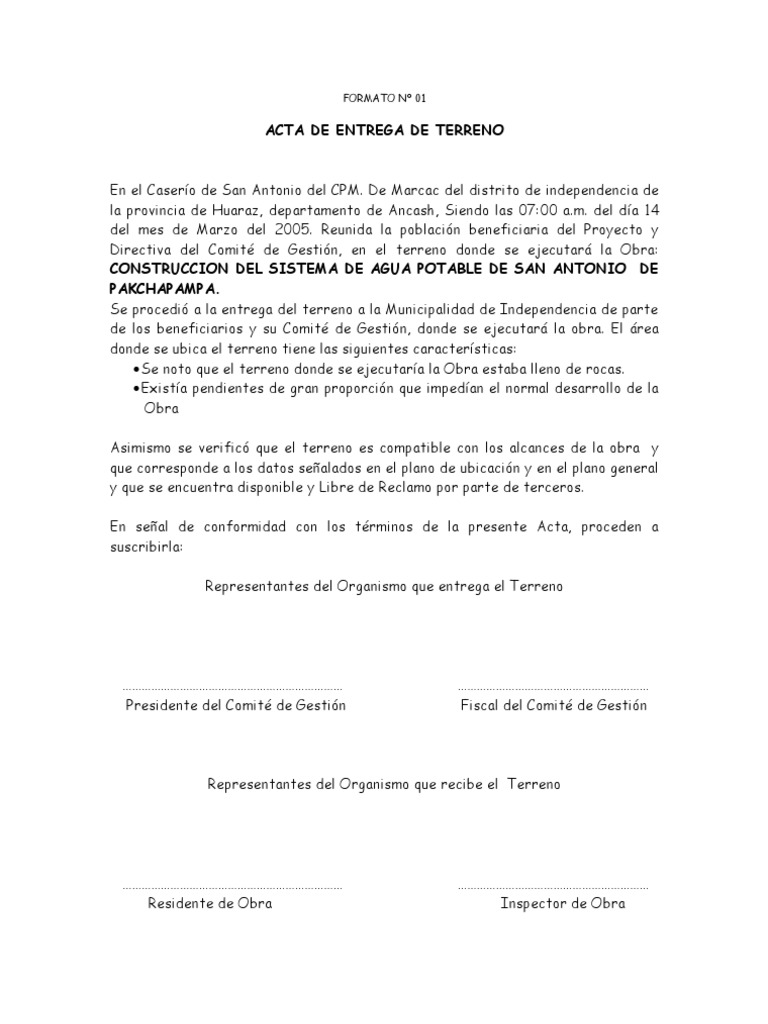 Modelo de Acta de Entrega de Materiales  Materiales de construcción