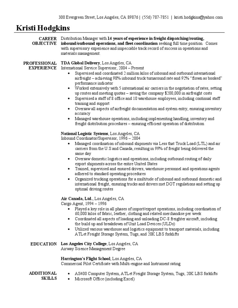 Air Cargo Supervisor Resume Sample Cargo Warehouse