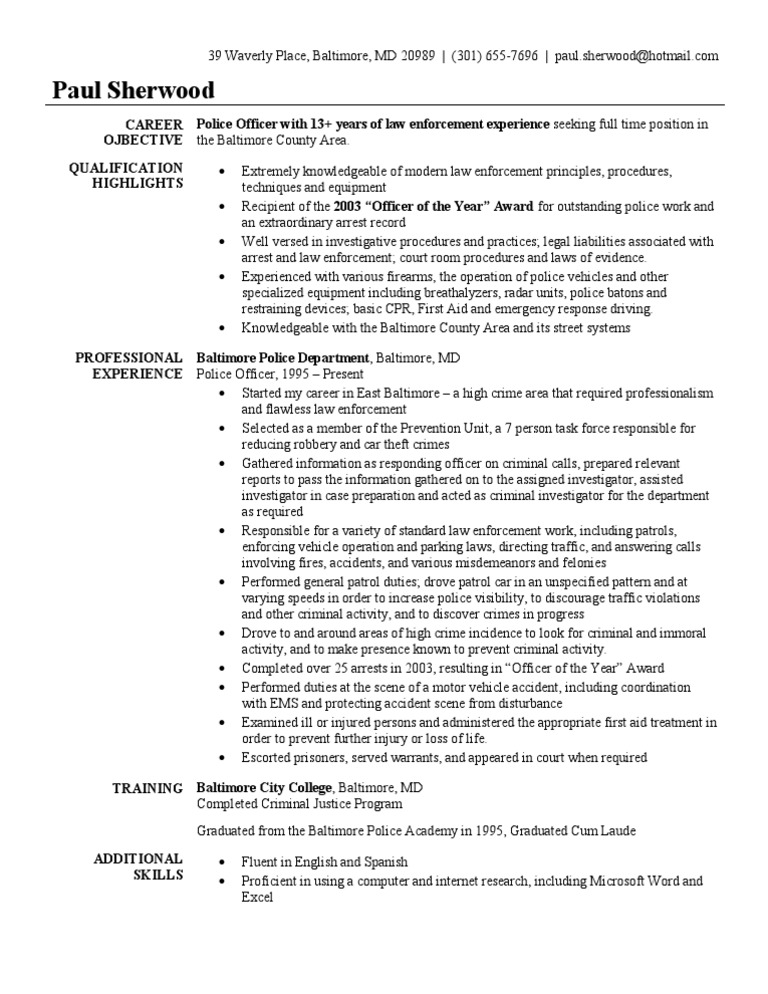 objective resume for police officer