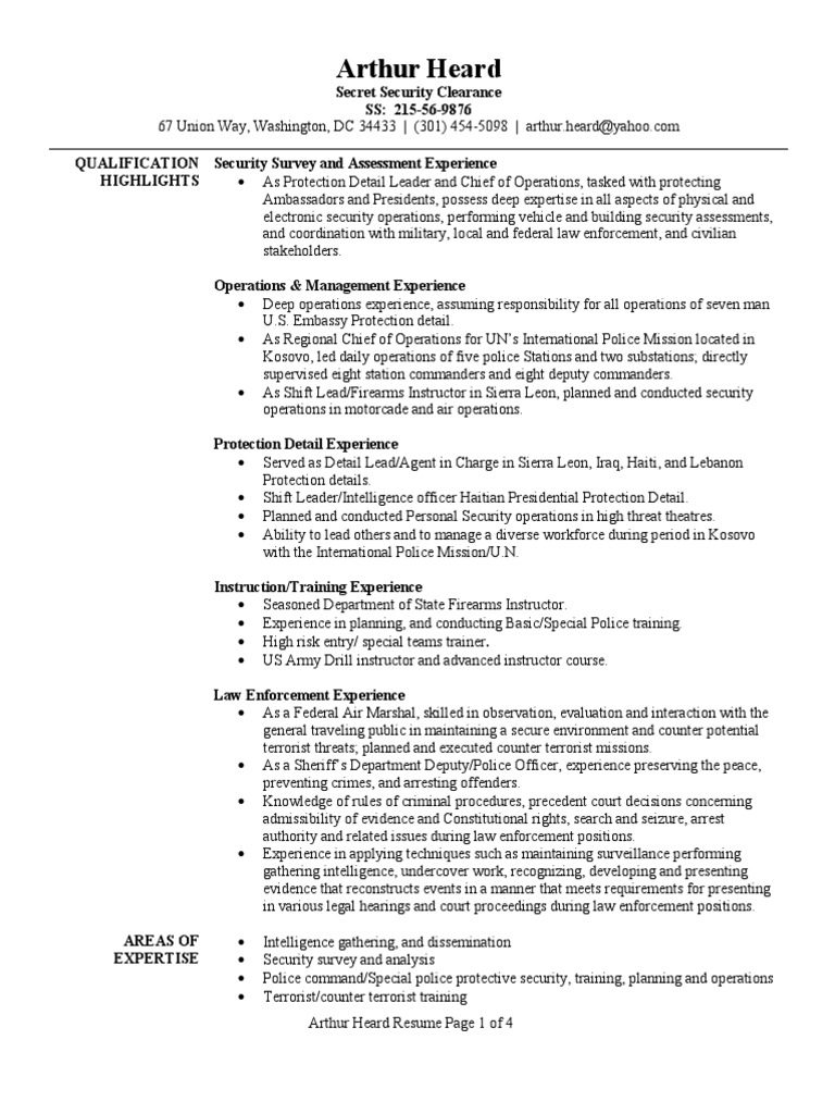 Personal Protection Detail Resume Sample  Infantry  Platoon