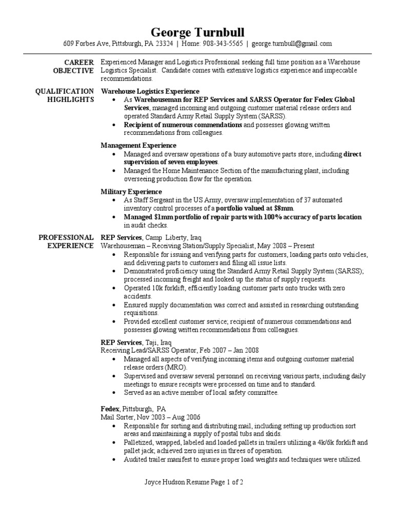 Warehouse Logistics Specialist Resume Sample | PDF | Logistics | Warehouse