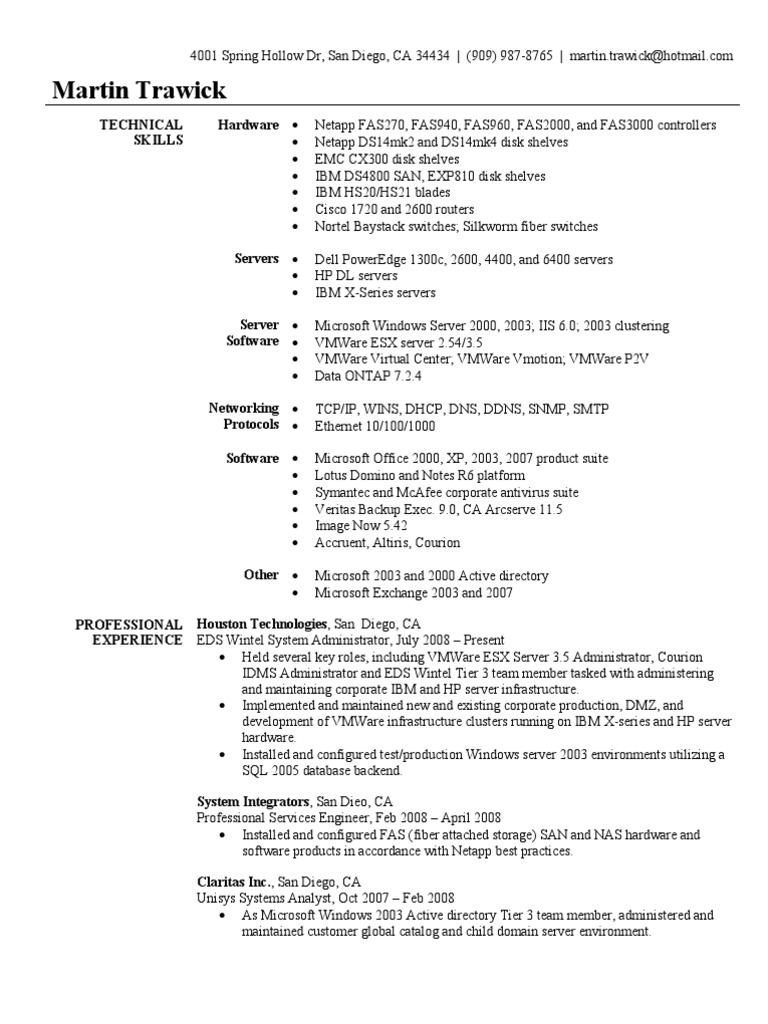 System Administrator Resume Sample V Mware Active