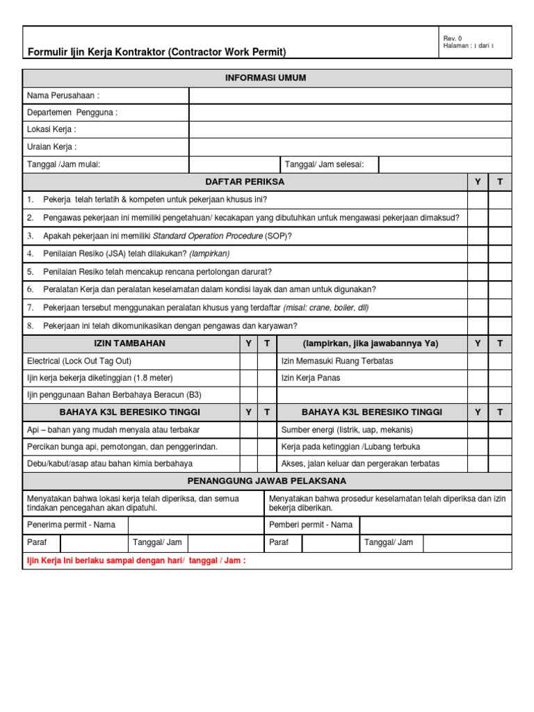 Formulir ijin kerja umum Formulir ijin kerja umum