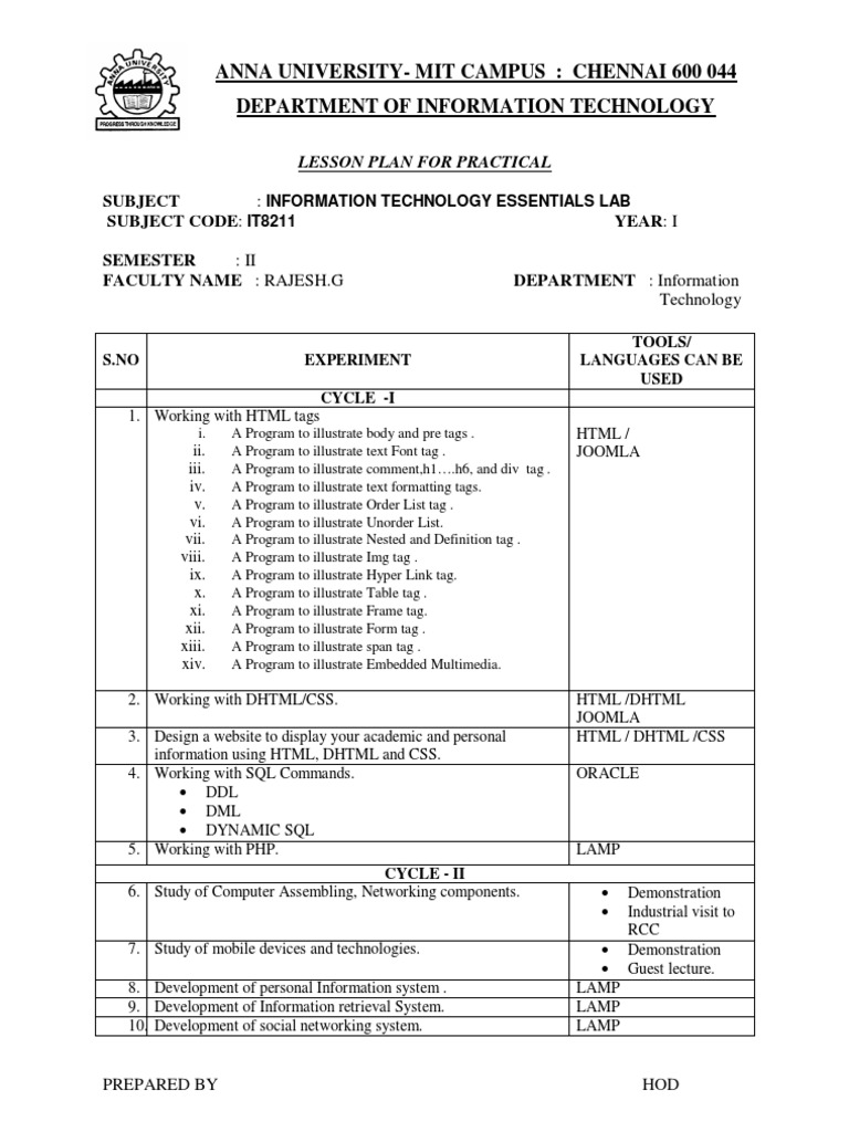 MIT Chennai IT Essentials Lab Plan | PDF | Computers
