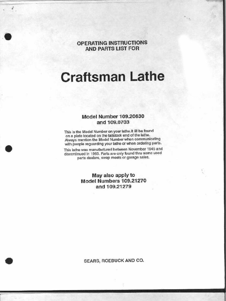 Craftsman 109 Lathe Instructions PDF