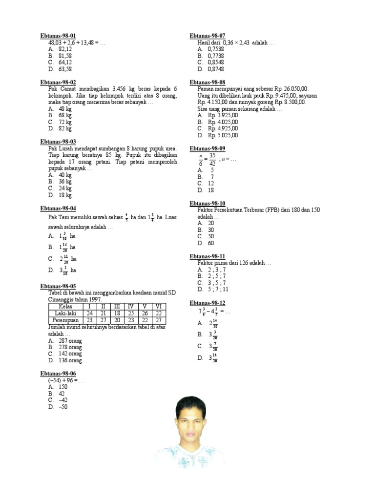 Soal Ujian Akhir Nasional Matematika Sd 1998