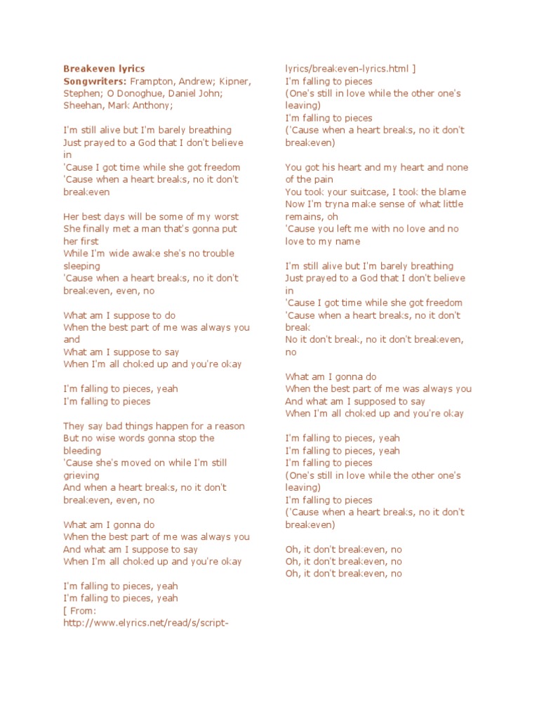 The Script Breakeven song lyrics on a white background