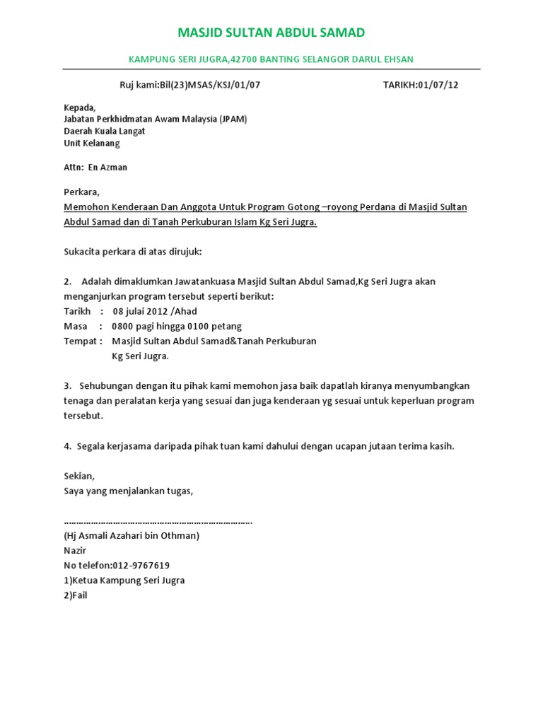 Contoh Surat Rasmi Jemputan Gotong Royong - Contoh U
