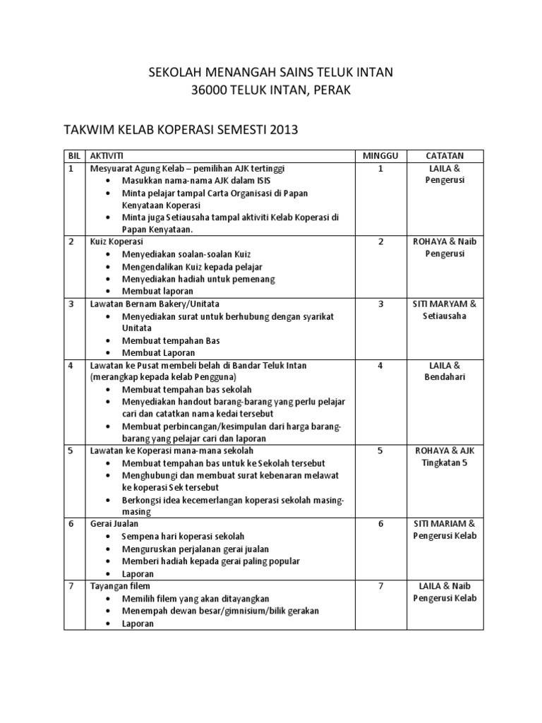Takwim, Kelab Koperasi SEMESTI 2013 | PDF