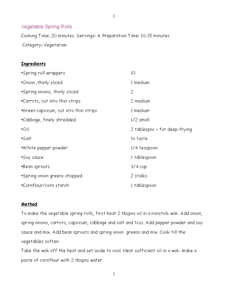 Preparation of Vegetable Spring Rolls | PDF
