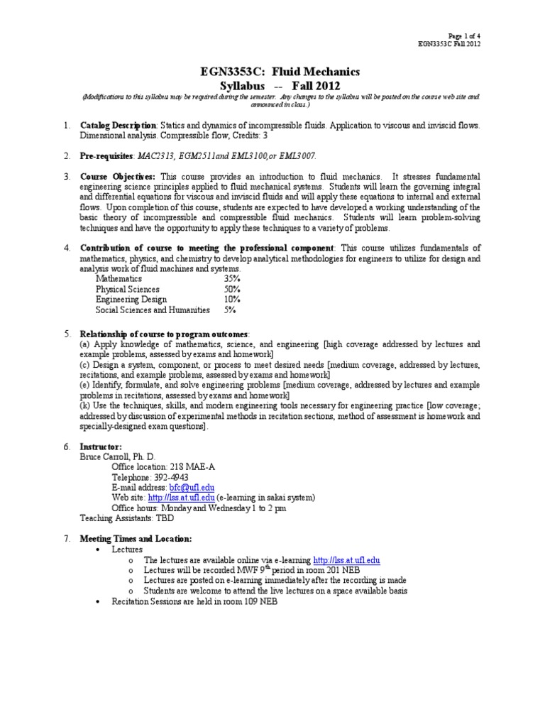 EGN3353C Fluid Mechanics Syllabus | PDF | Fluid Mechanics | Engineering