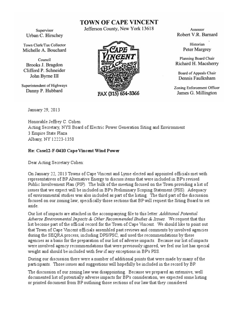 Town of Cape Vincent Letter To The PSC 12913 PDF Bird Migration