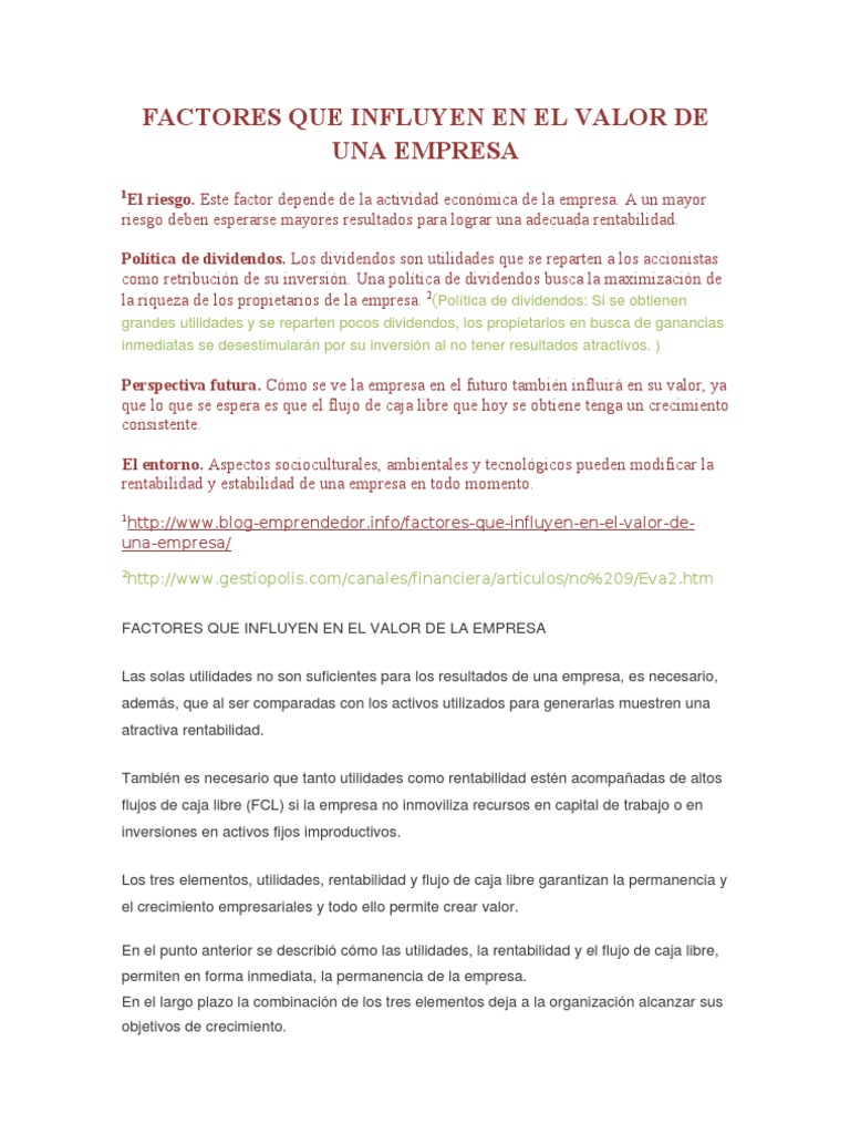 Factores que Afectan el Valor Empresarial | PDF | Rentabilidad sobre ...