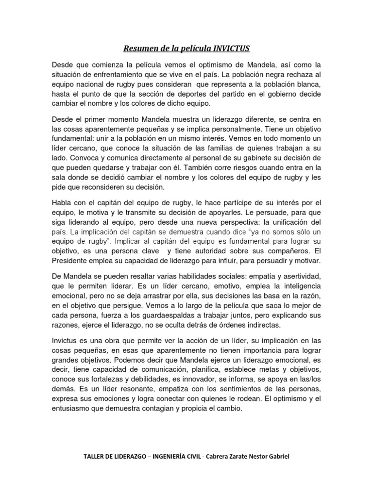 Resumen de la película INVICTUS Nelson Mandela Liderazgo