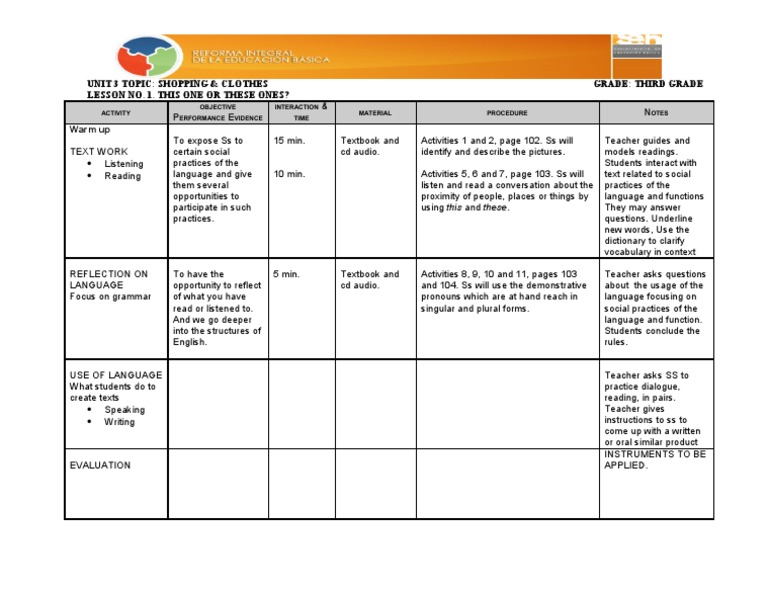 Unit 3 Topic: Shopping & Clothes Grade: Third Grade Lesson No. 1. This ...