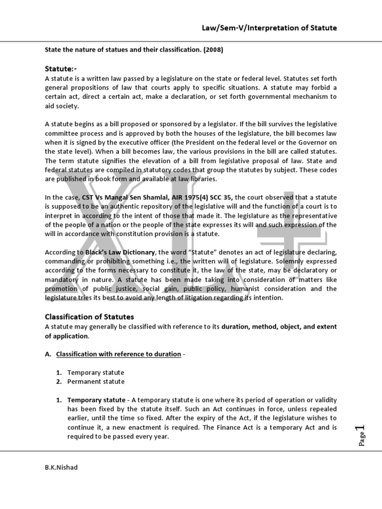 Classification and Nature of Statutes | PDF | Repeal | Codification (Law)