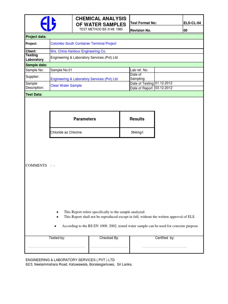 Chemical Analysis Report for Water Sample | PDF
