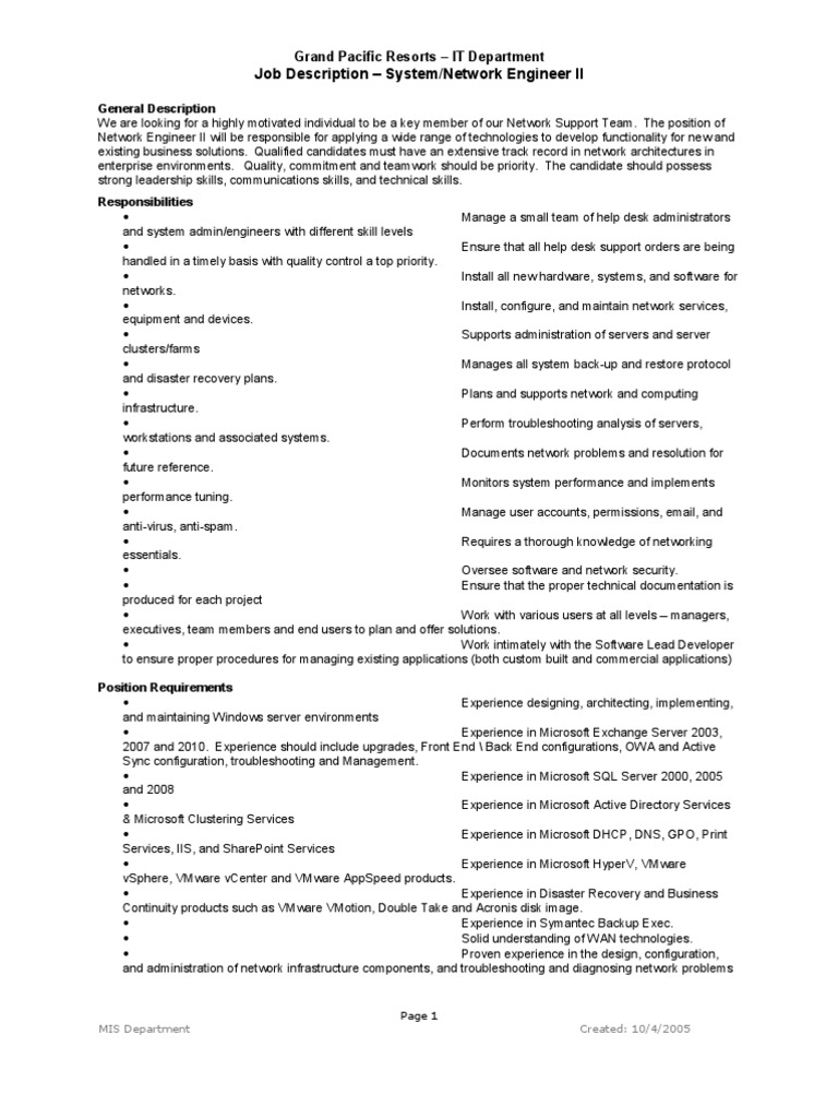 Network Engineer Job Description | PDF | Help Desk | Computer Network