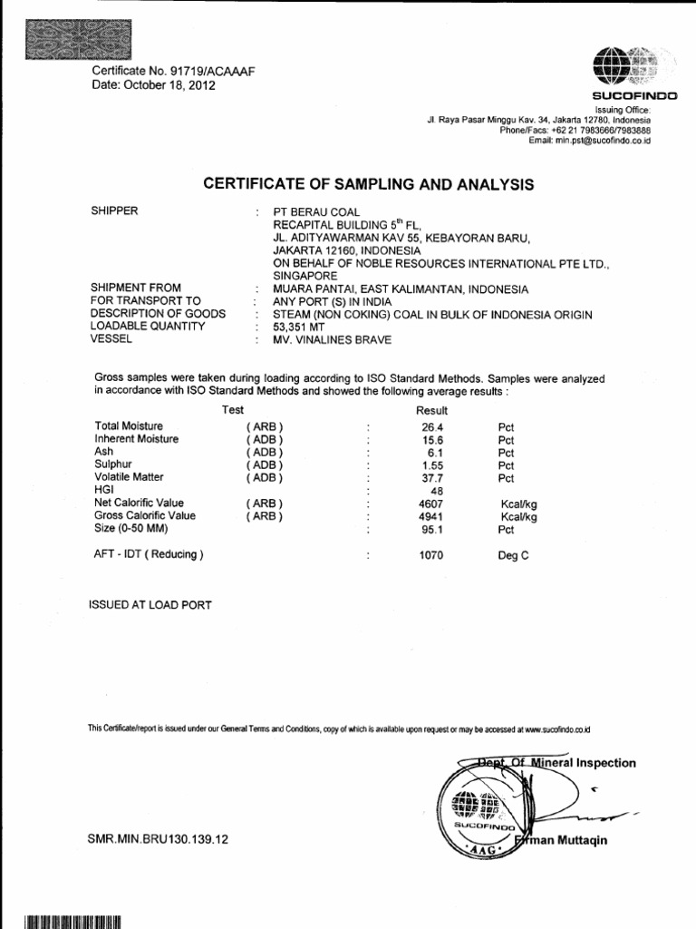Test Coal Analysis Report of Cargo at Salegaon in India | PDF ...