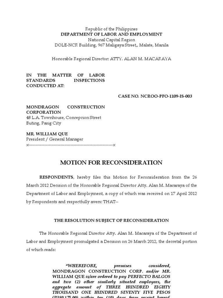 Motion For Reconsideration DOLE NCR Mondragon Construction PDF
