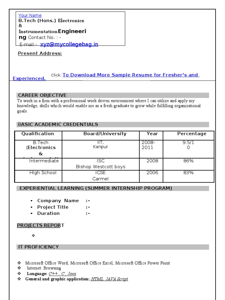 Resume Format Download For Freshers Pdf