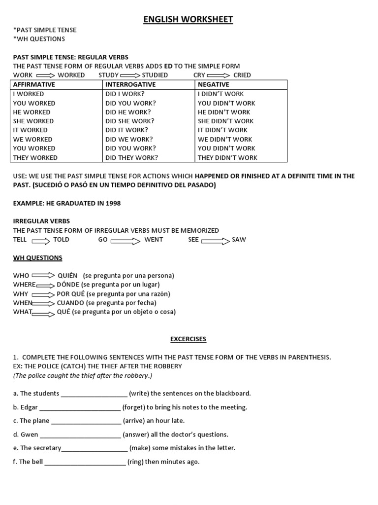 Past Simple WH Questions Worksheet | PDF