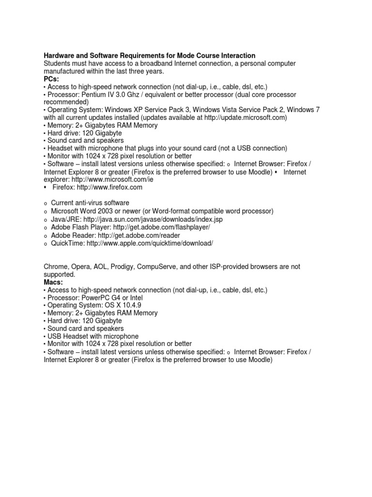 Hardware and Software Requirements For Mode Course Interaction PDF