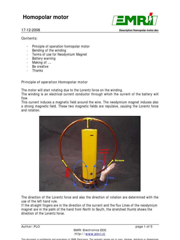 Description Homopolar Motor Force