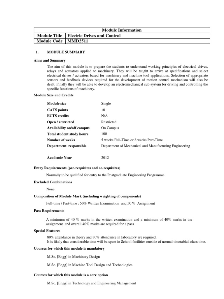Module Information Module Title Electric Drives and Control Module Code