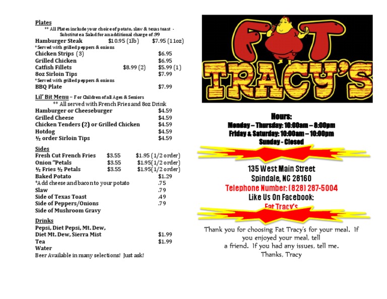 Fat Tracy's Diner Menu Overview | PDF | Hamburgers | Coleslaw