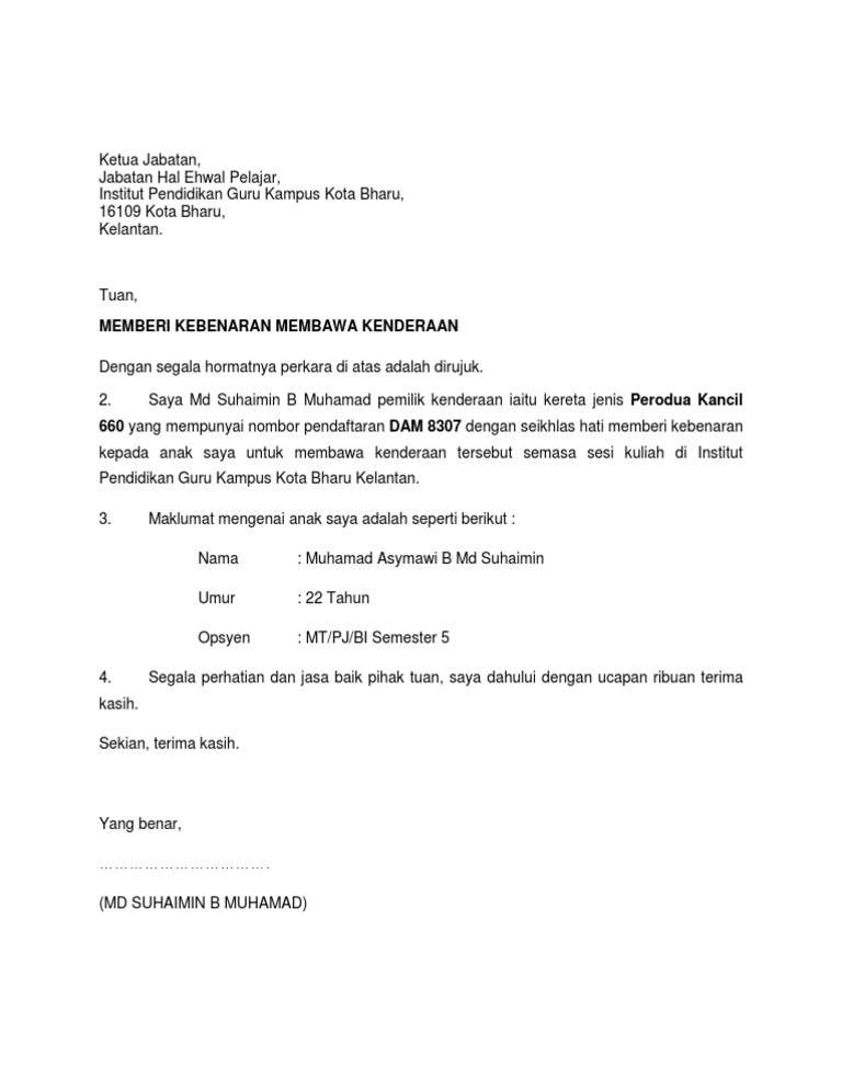 Contoh Surat Kebenaran Menggunakan Kenderaan  letter.7saudara.com