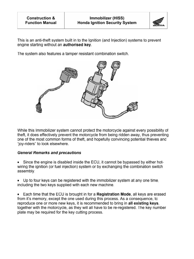 Honda HISS Ignition Security Manual | PDF | Ignition System | Switch