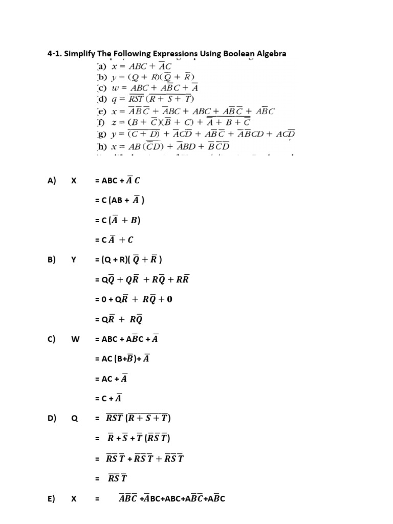 4-1. Simplify The Following Expressions Using Boolean Algebra