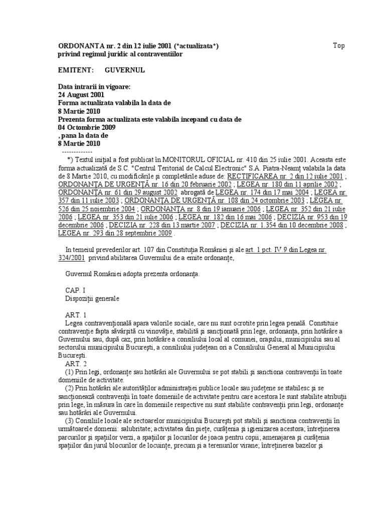 Og 2 2001 Privind Regimul Juridic Al Contraventiilor